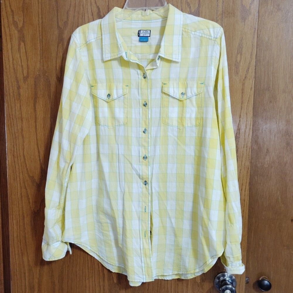 Women Large Kavu Shirt Yellow Plaid Button-Down Long Sleeve Blouse Top Cotton
